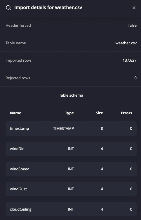 Screenshot of the Web Console showing the import details